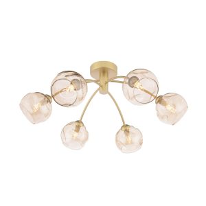 Izzy 6 arm semi flush ceiling light in gold with champagne glass shades on white background lit