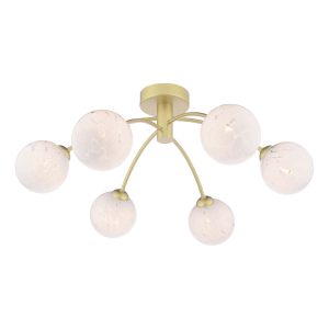 Izzy 6 arm semi flush ceiling light in gold with white confetti glass shades on white background lit