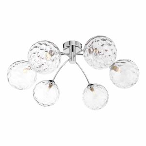Izzy 6 arm semi flush low ceiling light in chrome with dimpled clear glass on white background lit