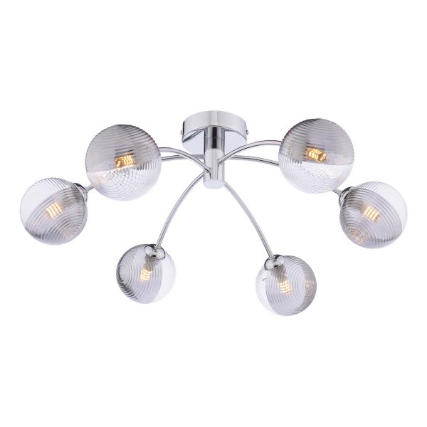 Izzy 6 arm semi flush ceiling light in polished chrome with clear and smoked ribbed glass shades on white background lit