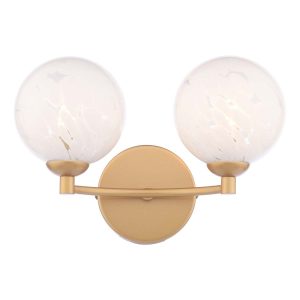 Izzy twin wall light in gold with white confetti glass shades on white background lit