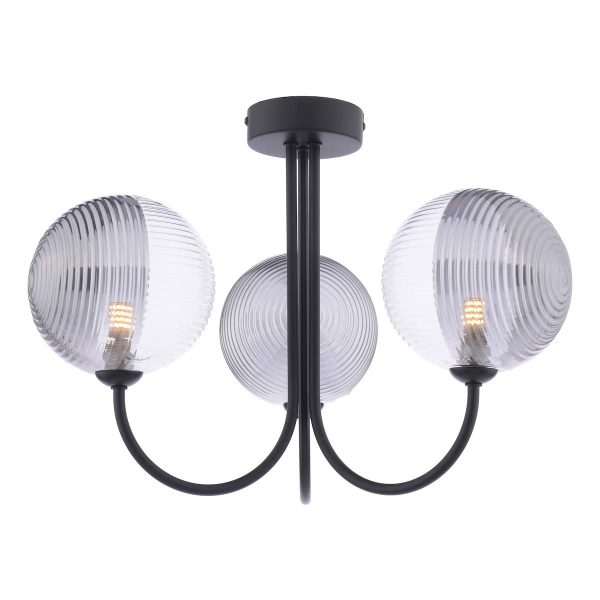Jared 3 arm semi flush ceiling light in matt black with clear and smoked ribbed glass shades on white background