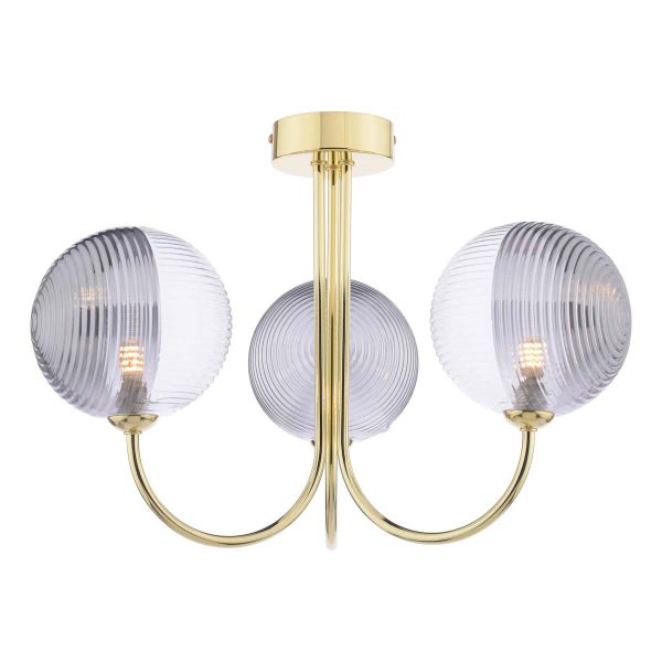 Jared 3 arm semi flush ceiling light in polished gold with clear and smoked ribbed glass shades on white background