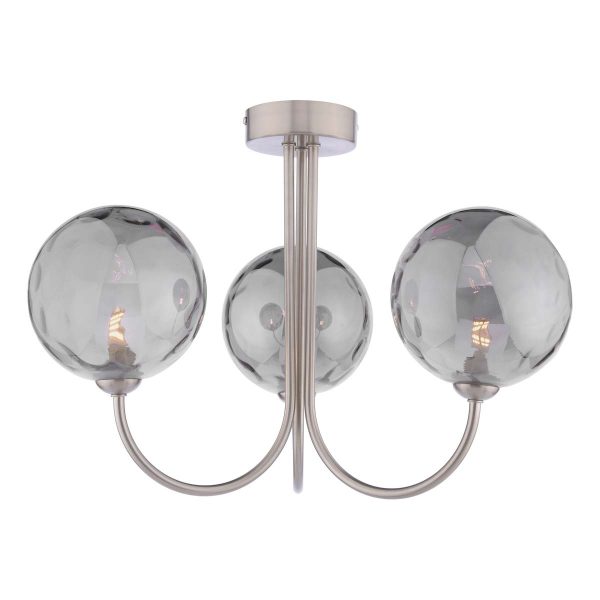 Jared 3 arm semi flush ceiling light in satin nickel with dimpled smoked glass shades on white background lit