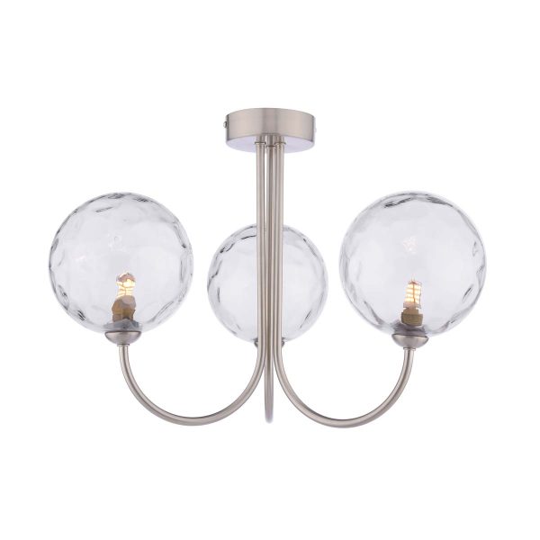 Jared 3 arm semi flush ceiling light in satin nickel with dimpled clear glass shades on white background lit