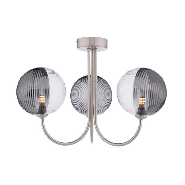 Jared 3 arm semi flush ceiling light in satin nickel with clear and smoked ribbed glass shades on white background lit