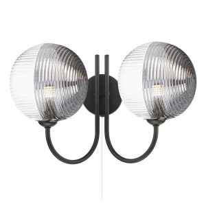 Jared twin switched wall light in matt black with clear and smoked ribbed glass shades on white background