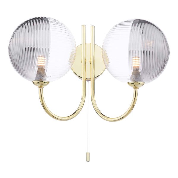 Jared twin switched wall light in polished gold with clear and smoked ribbed glass shades on white background lit