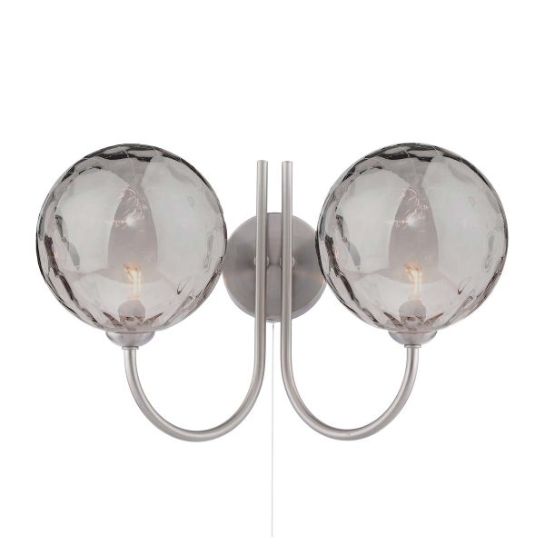 Jared twin switched wall light in satin nickel with dimpled smoked ribbed glass shades on white background lit