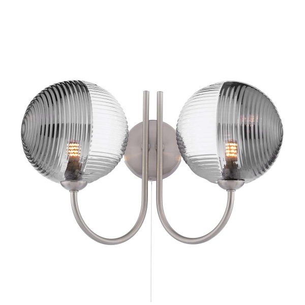 Jared twin switched wall light in satin nickel with clear and smoked ribbed glass shades on white background lit