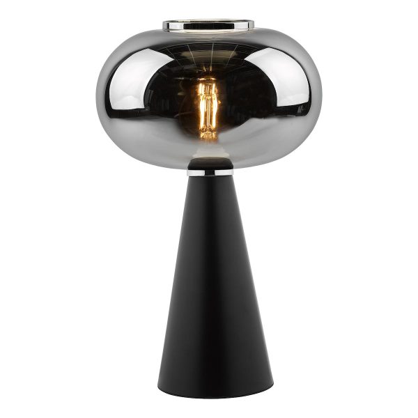 Jensen contemporary table lamp in satin black with smoked glass shade on white background