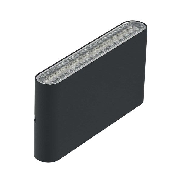 Elstead Jens medium 10W CCT LED wall light in black and rated IP65 on white background.