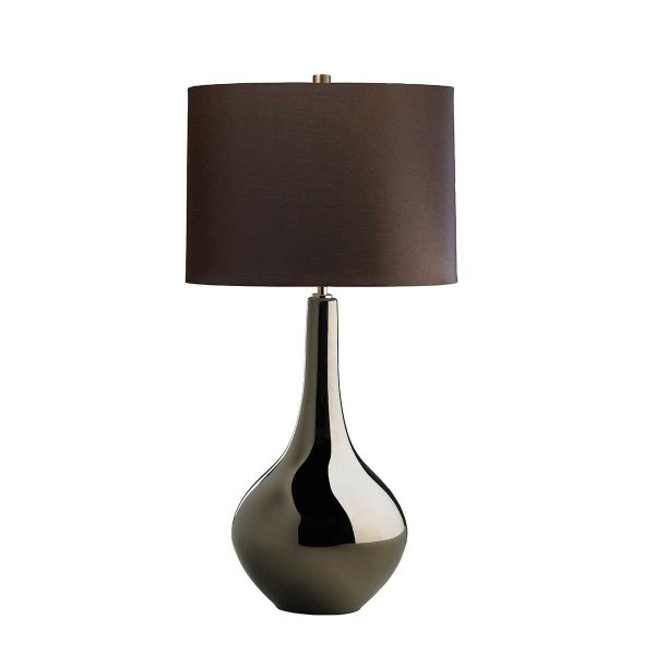 Elstead Job 1 light bronze ceramic table lamp with brown shade on white background.