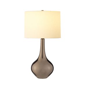 Elstead Job 1 light bronze ceramic table lamp with cream shade on white background.