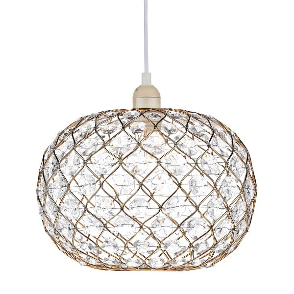 Juanita pendant lamp shade in polished gold with faceted acrylic discs on white background