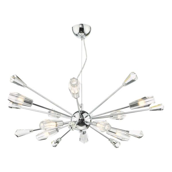 Kalyssa 10 light modern pendant in polished chrome with faceted glass on white background