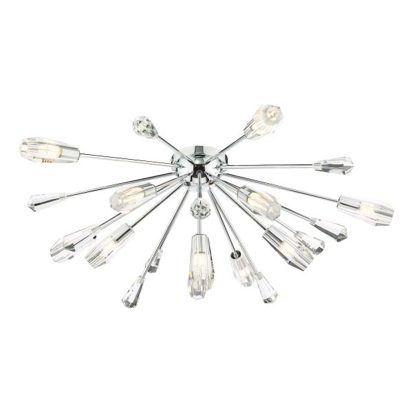 Kalyssa 11 light flush low ceiling light in polished chrome with faceted glass on white background