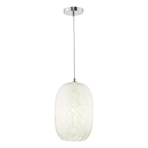 Kari 1 light pendant with white confetti glass shade in polished chrome on white background