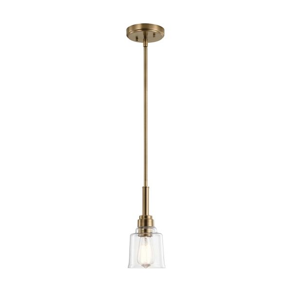 Kichler Aivian 1 light pendant in weathered brass, full height on white background.