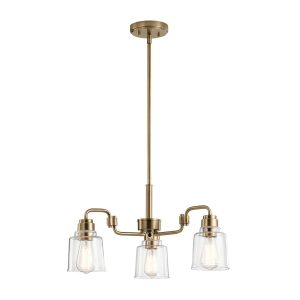 Kichler Aivian 3 light chandelier in weathered brass, full height on white background.