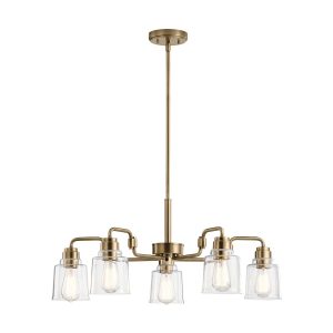 Kichler Aivian 5 light chandelier in weathered brass, full height on white background.