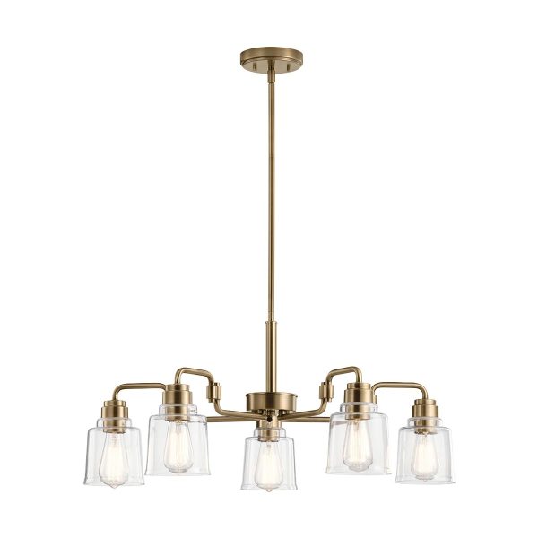 Kichler Aivian 5 light chandelier in weathered brass, full height on white background.