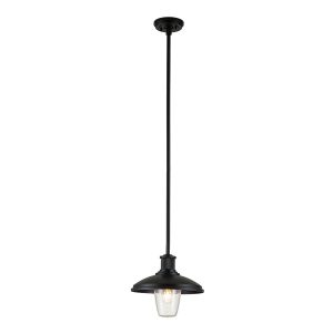 Kichler Allenbury 1 light coastal collection outdoor pendant in textured black, full height on white background, lit.