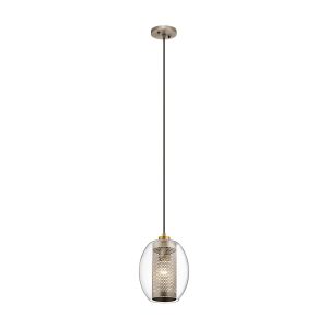 Kichler Asher antique pewter 1 light mini pendant with mesh shade, full height on white background.