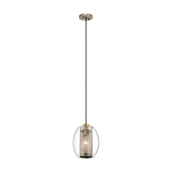 Kichler Asher antique pewter 1 light mini pendant with mesh shade, full height on white background.