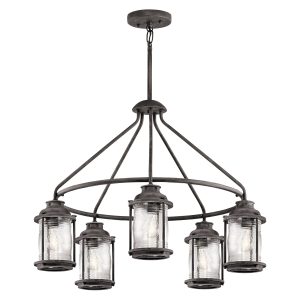 Kichler Ashland Bay 5 light outdoor chandelier in weathered zinc on white background.