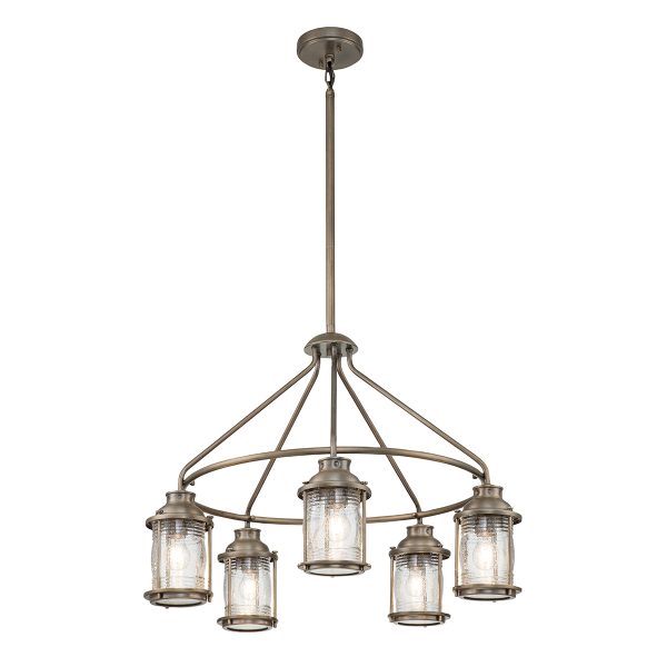 Kichler Ashland Bay 5 light outdoor chandelier in burnished bronze on white background, lit.