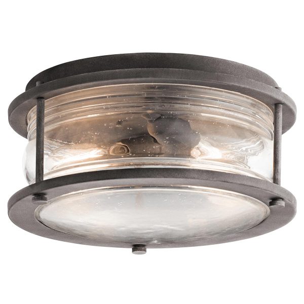 Kichler Ashland Bay 2 light flush outdoor porch light in weathered zinc on white background.