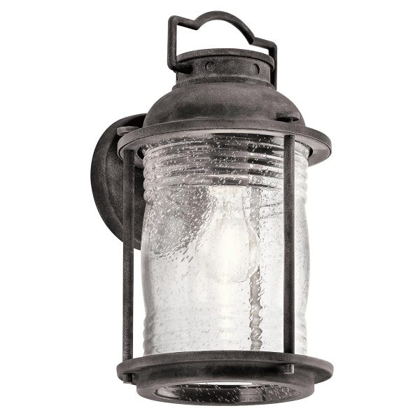 Kichler Ashland Bay 1 light medium outdoor wall lantern in weathered zinc on white background.