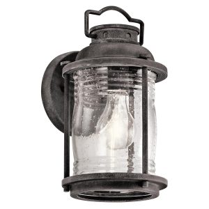 Kichler Ashland Bay 1 light small outdoor wall lantern in weathered zinc on white background.