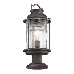 Kichler Ashland Bay 1 light outdoor gate post lantern in weathered zinc on white background.