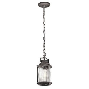 Kichler Ashland Bay 1 light small outdoor porch chain lantern in weathered zinc, full height on white background.