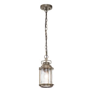 Kichler Ashland Bay 1 light small outdoor porch chain lantern in burnished bronze, full height on white background, lit.