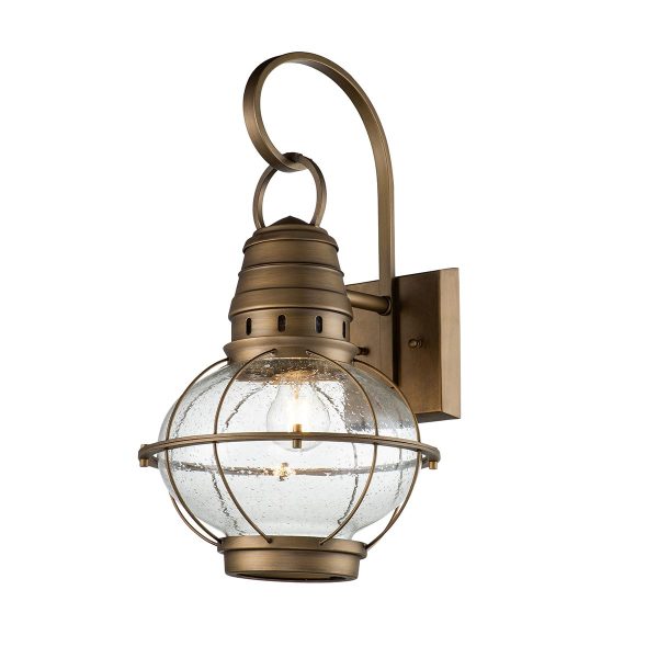 Kichler Bridge Point 1 light large outdoor wall lantern in natural brass finish on white background, lit.