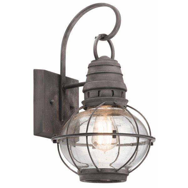 Kichler Bridge Point 1 light medium outdoor wall lantern in weathered zinc on white background.