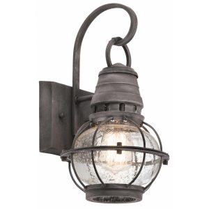 Kichler Bridge Point 1 light small outdoor wall lantern in weathered zinc on white background.