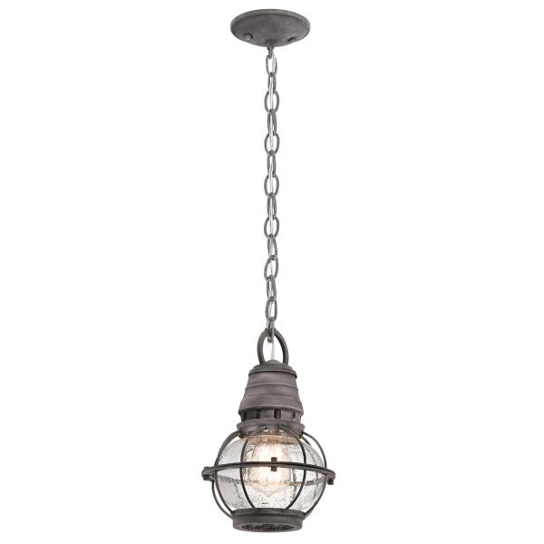 Kichler Bridge Point 1 light small porch chain lantern in weathered zinc, full height on white background.