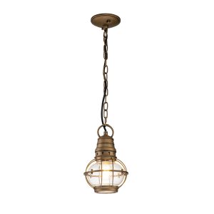 Kichler Bridge Point 1 light small porch chain lantern in natural brass finish on white background, lit.