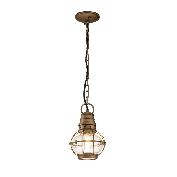 Kichler Bridge Point 1 light small porch chain lantern in natural brass finish on white background, lit.