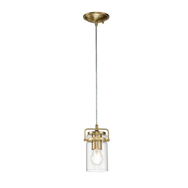 Kichler Brinley 1 light mini pendant in brushed brass finish on white background, lit.