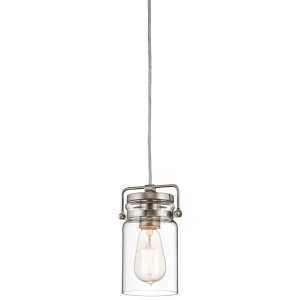 Kichler Brinley 1 light mini pendant in brushed nickel on white background.