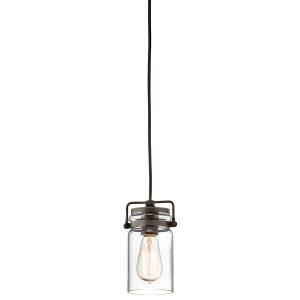 Kichler Brinley 1 light mini pendant in olde bronze finish on white background.