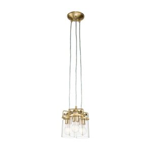 Kichler Brinley 3 light pendant cluster in brushed brass on white background, lit.