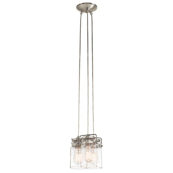 Kichler Brinley 3 light pendant cluster in brushed nickel, without tidy ring on white background.