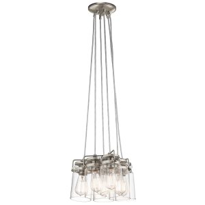 Kichler Brinley 6 light pendant cluster in brushed nickel, without tidy ring on white background.