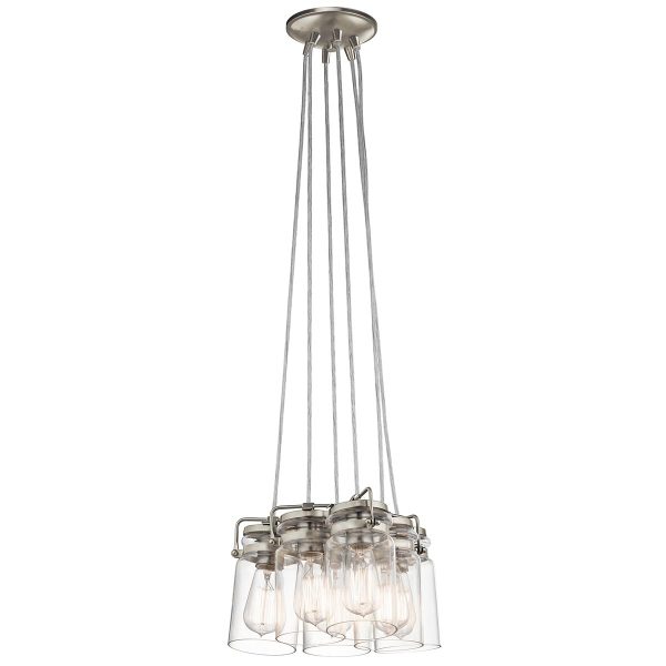 Kichler Brinley 6 light pendant cluster in brushed nickel, without tidy ring on white background.